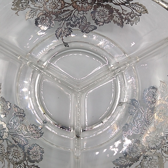 Heisey Glass 3 Section Divided Relish Condiment Dish Sterling Silver Overlay Vtg - Picture 3 of 11